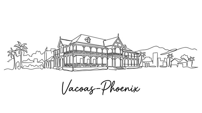 Vacoas-Phoenix city skyline with colonial architecture and mountains one line drawing vector illustration