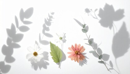 Obraz premium Soft white background with colorful flower shadows, pink daisy, green leaves, and delicate floral silhouettes