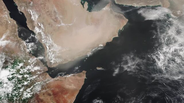 Top shot on Arabian peninsula. Desert in tropics, dry regions. Camera is moving left. Animation based on image by NASA