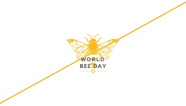 A logo for World Bee Day featuring a yellow bee and diagonal line on a white background
