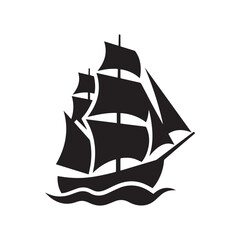 Black Silhouette of a Large Vintage Sailing Ship Navigating Through Ocean Waves.  © Shohan