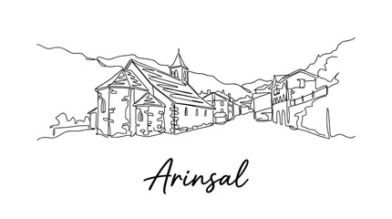 Fototapeta premium Arinsal Andorra village street with church continuous line art vector illustration