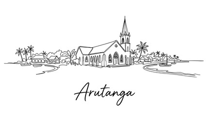 Fototapeta premium Arutanga Cook Islands coastal church landscape in single line art vector illustration