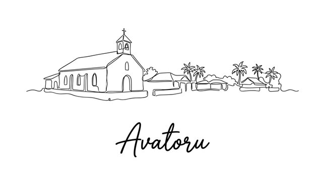 Avatoru French Polynesia village skyline with church continuous line art vector illustration