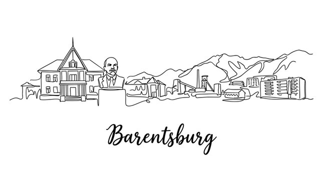 Barentsburg Svalbard city skyline with Lenin statue minimalist continuous line art vector