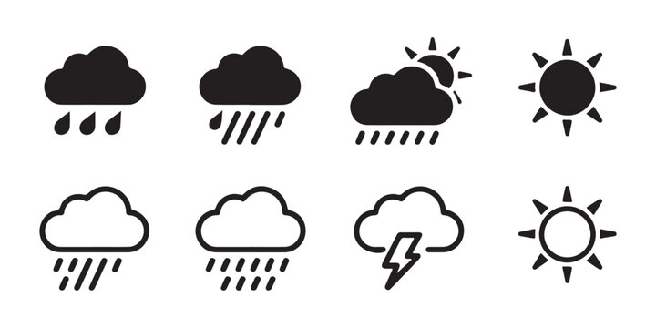 Collection of weather forecast icons with rain sun clouds and lightning for apps and websites.