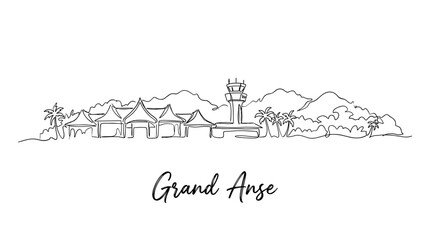 Obraz premium Grand Anse Seychelles airport skyline continuous line drawing isolated on white background
