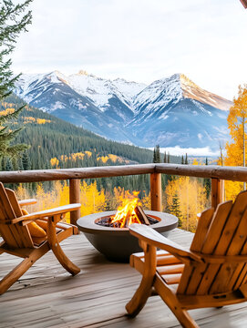 Rustic wooden balcony with a fire pit and chairs overlooking snowy autumn mountain landscape