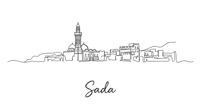 Sada Yemen city skyline one line drawing with mosque architecture vector illustration