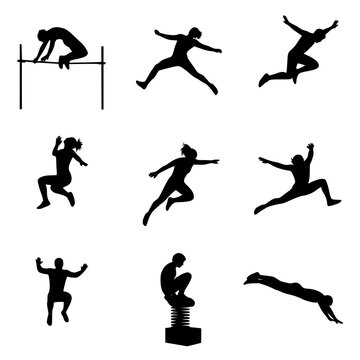 Jumping Silhouettes of People in Various Athletic Poses. Collection of silhouettes depicting people jumping, leaping, and diving in different athletic poses.