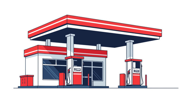 Retro Gas Station Building with Pumps, Isolated on White Background
