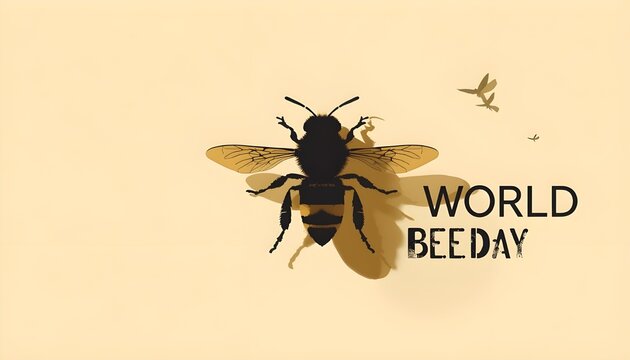 A graphic illustration of a bee flying with the words World Bee Day written next to it