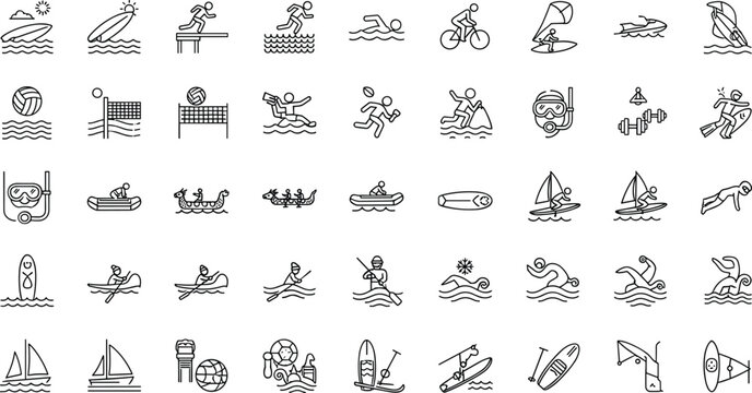 Minimal thin line water sports and beach activity icon set with swimming surfing sailing kayaking diving volleyball and summer recreation symbols