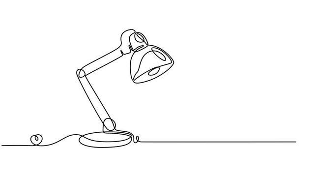 desk lamp continuous one line drawing animation, Animated self drawing of one continuous line draw electric metal flexible desk lamp home appliance. Electricity table lamp furniture household concept.