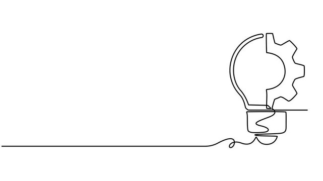 Light bulb with gear continuous one line drawing animation, Animated self drawing of continuous line draw gears and lights idea . Full length one line animation. 4K, Animation video of a light bulb