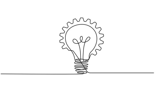 Light bulb with gear continuous one line drawing animation, Animated self drawing of continuous line draw gears and lights idea . Full length one line animation. 4K, Animation video of a light bulb