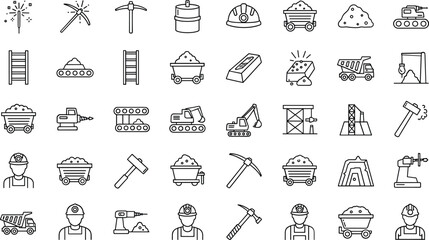 Naklejka premium Mining industry line icon set featuring excavation equipment workers tunnels carts drilling extraction symbols outline vector collection construction resources
