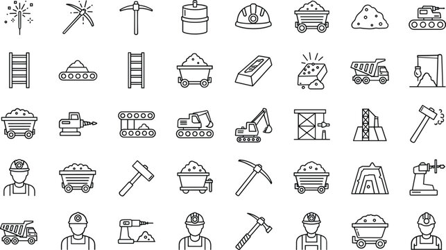 Mining industry line icon set featuring excavation equipment workers tunnels carts drilling extraction symbols outline vector collection construction resources