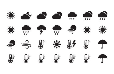 Fototapeta premium Collection of weather icons for forecast including sun moon clouds rain snow lightning wind thermometer umbrella.