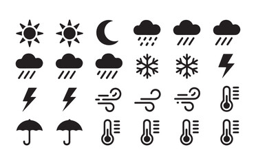 Fototapeta premium Various weather icons for forecasting representing sun moon clouds rain snow lightning wind and temperature.