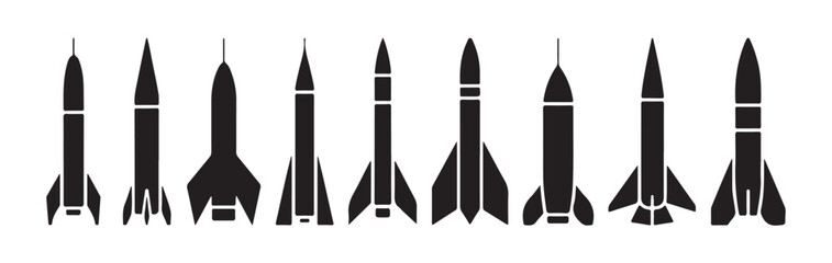 Fototapeta premium Set of black flat icon rockets in varying designs, spacecrafts for exploration, space travel, and military purposes.