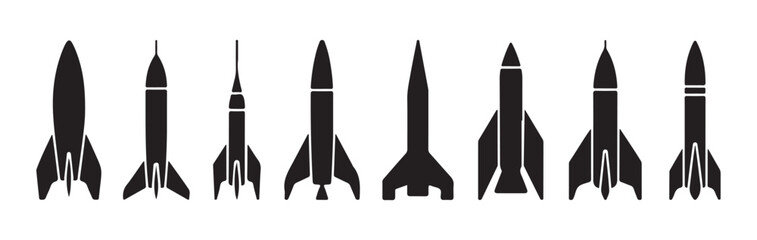 Fototapeta premium Set of black silhouette rocket designs in various shapes, spacecrafts for exploration, space travel, and military.