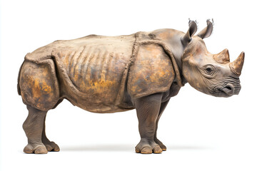 Obraz premium Side profile of a large wild rhinoceros standing isolated on a white background