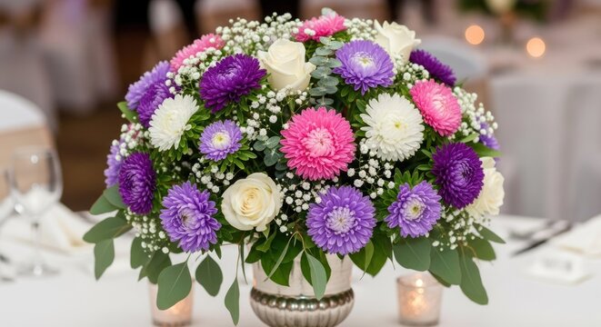 A vibrant flower arrangement with purple, pink, and white asters and roses, set against a white tablecloth and a greenery backdrop.