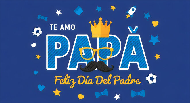 Happy father's day illustration with crown mustache and soccer elements