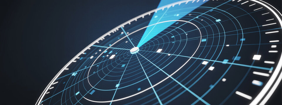 Digital radar screen for sonar tracking and maritime navigation displaying target detection with circular interface on electronic dashboard system for security monitoring operations.