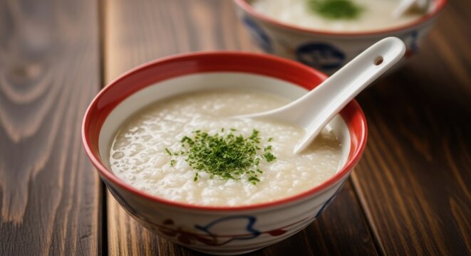 Creamy rice porridge with herbs in a red bowl close up view