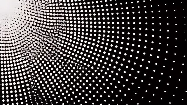 Abstract radial halftone dots pattern on black background, retro digital texture