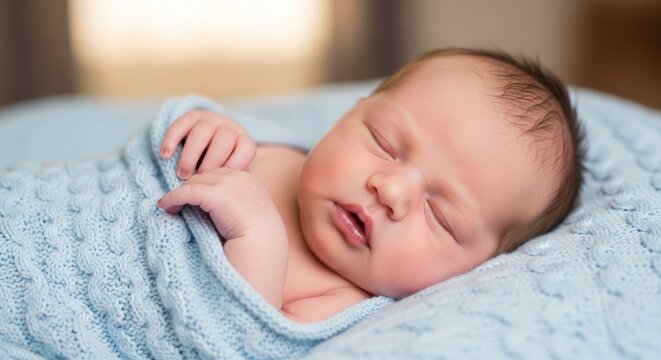 A sleeping baby wrapped in a blue blanket.