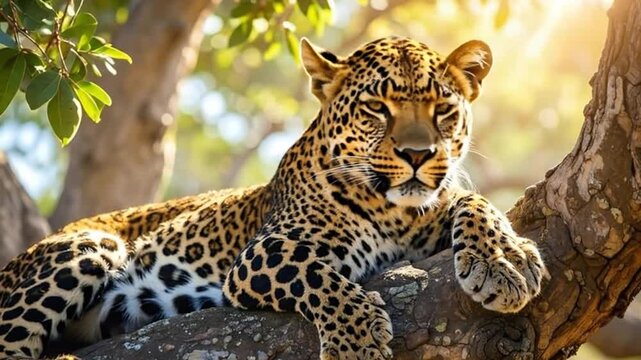 A beautiful leopard rests peacefully on a tree branch, basking in the warm sunlight.