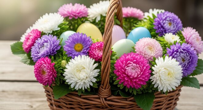 A basket filled with colorful Easter eggs and flowers on a wooden table.
