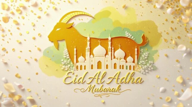 Festive Eid Al Adha Mubarak design showcasing a golden goat, intricate mosque silhouette, and elegant particles, symbolizing the spirit of the Islamic celebration