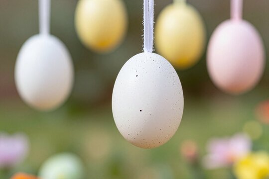 A bunch of easter eggs hanging from a tree branch