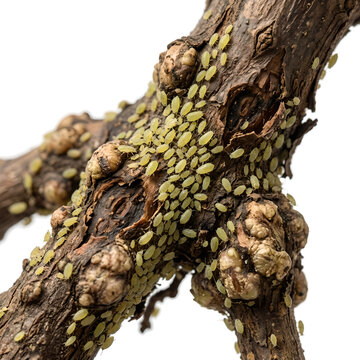 Close-Up Photo of Grape Phylloxera Nymphs Feeding on a Vine Trunk Against a White Background