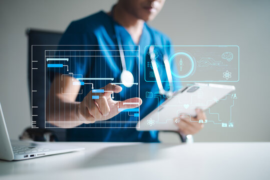 Medical professional using futuristic digital interface with data analytics, AI technology, and healthcare visualization, representing innovation, health tech