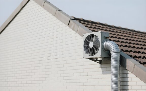 Outdoor ventilation fan on a residential building roof.