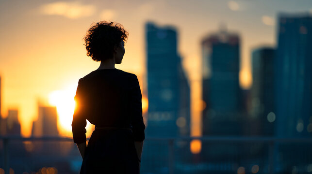 A confident businesswoman looking out over the city skyline at sunset