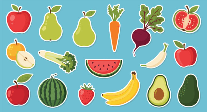 Colorful flat sticker set of various fruits and vegetables like apple pear carrot beet watermelon and avocado on a light blue background.