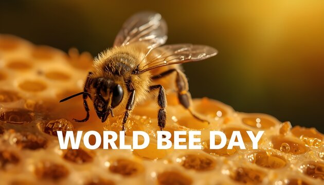 A close-up of a bee on a honeycomb celebrating World Bee Day with a blurred background