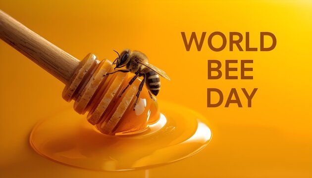 A bee sitting on a honey dipper with honey on a yellow background celebrating World Bee Day