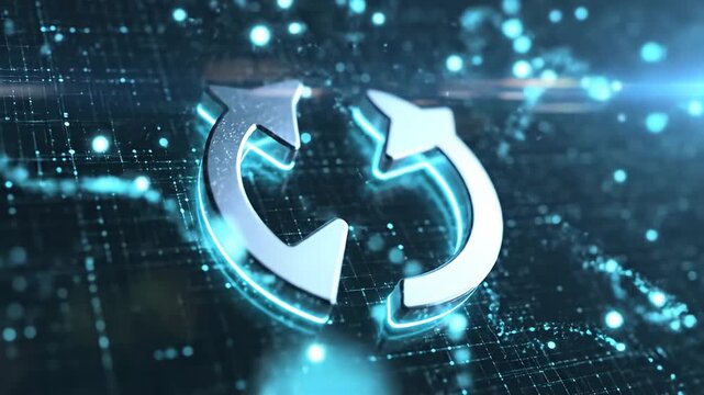 Glowing metallic reload symbol on futuristic circuit board background