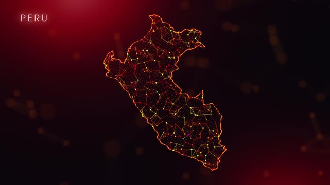 A dynamic motion video showcasing the Peru country border through a colorful plexus reveal. Glowing red and orange dots represent high-tech data communication and global digital networks.