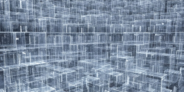 A futuristic digital landscape of interconnected transparent cuboid structures, resembling LED panels or data blocks, rendered in cool blue and white tones.