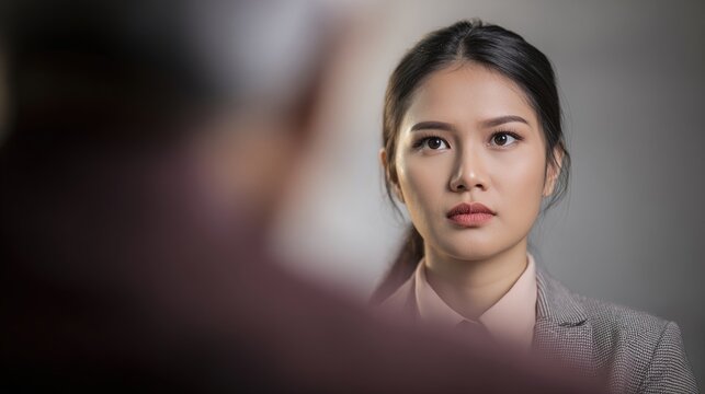 applicant. Professional job interview with candidate and interviewer in business attire. pitch deck slides, case study pages, designed for enterprise HRIS and productivity software interfaces.