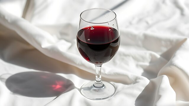 A glass of deep ruby red wine on white linen with water droplets. 
