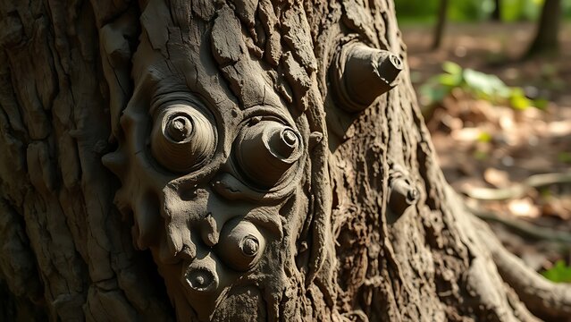  Close-up of a tree root with knotted protrusions and rough texture in a woodland.